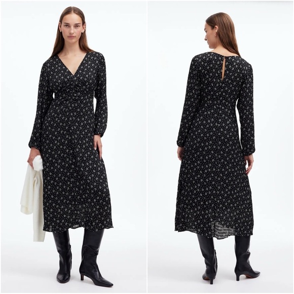 Madewell Dresses & Skirts - Madewell Dress Ruched Midi V-neck Long Sleeve Floral True Black 2